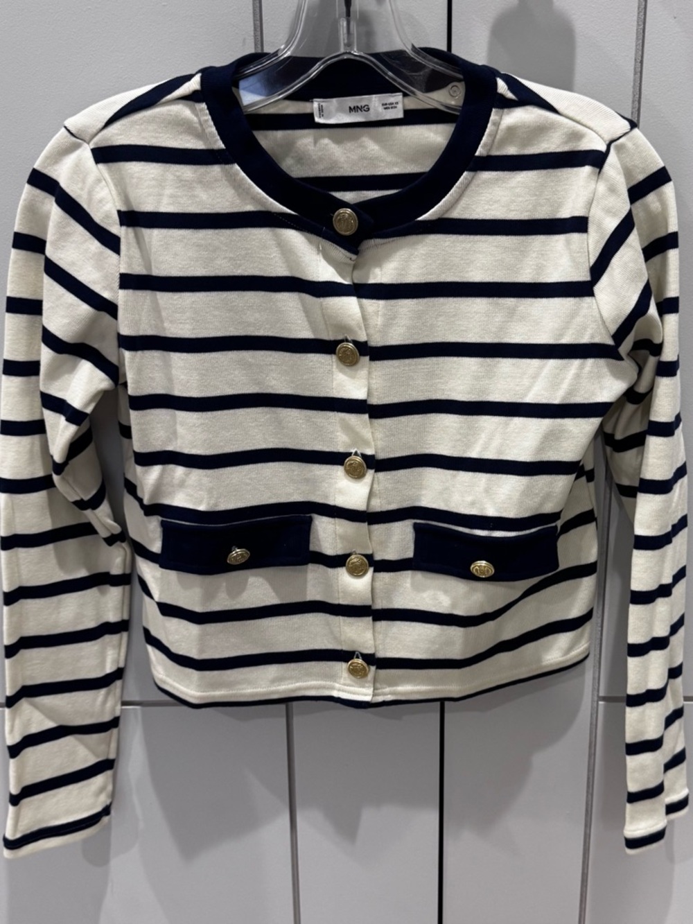 Mango  Striped Navy & Cream Button-Up Cardigan